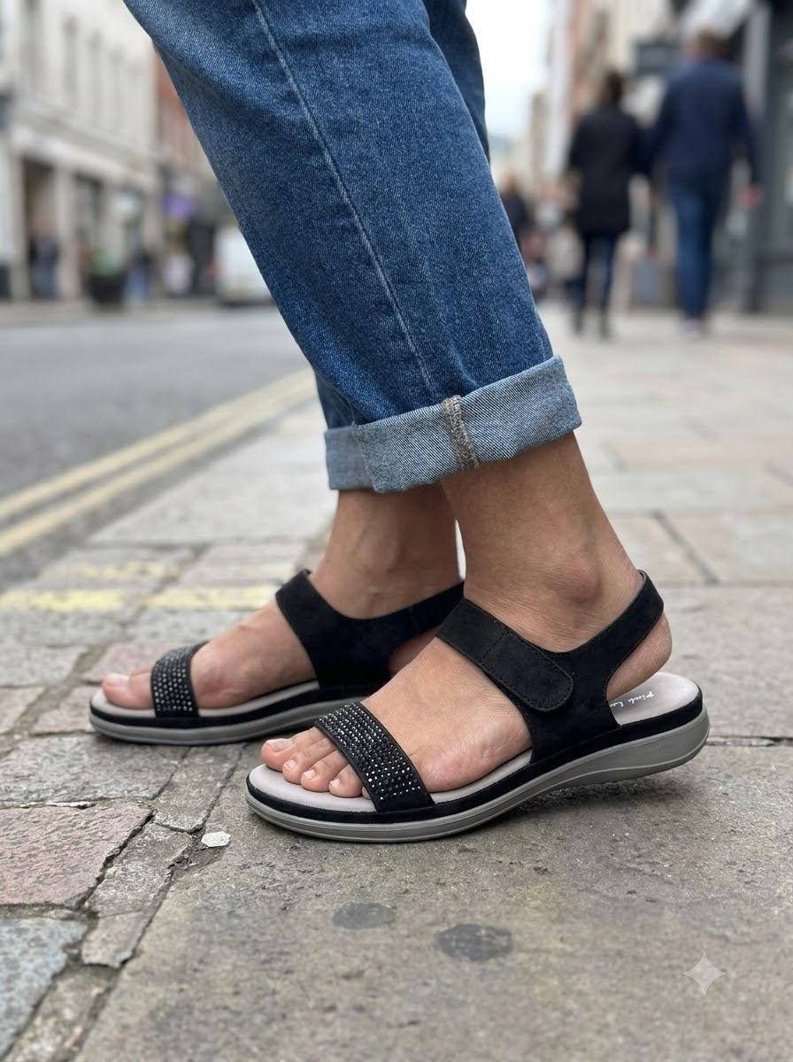 Black Rhinestone Two-Strap Sandals