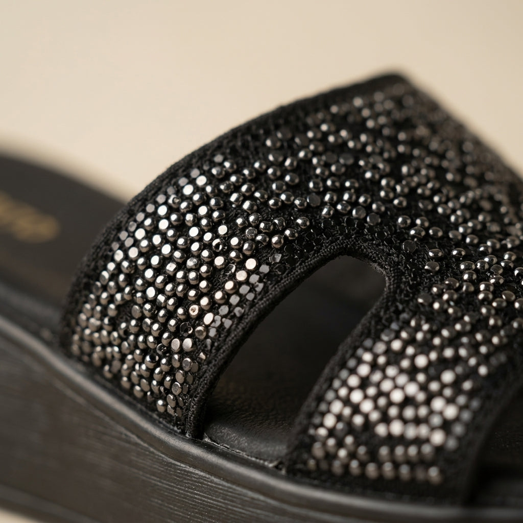 Women's Rhinestone Wedge Slide in Black — Dinesh Family Footwear (view 4)