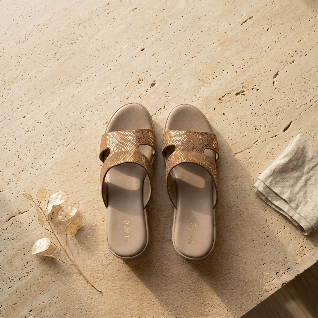 Women's Metallic Double-Strap Wedge in Gold — Dinesh Family Footwear (view 3)
