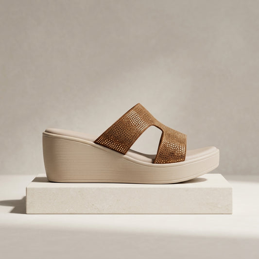 Women's Metallic Double-Strap Wedge in Gold — Dinesh Family Footwear (view 2)