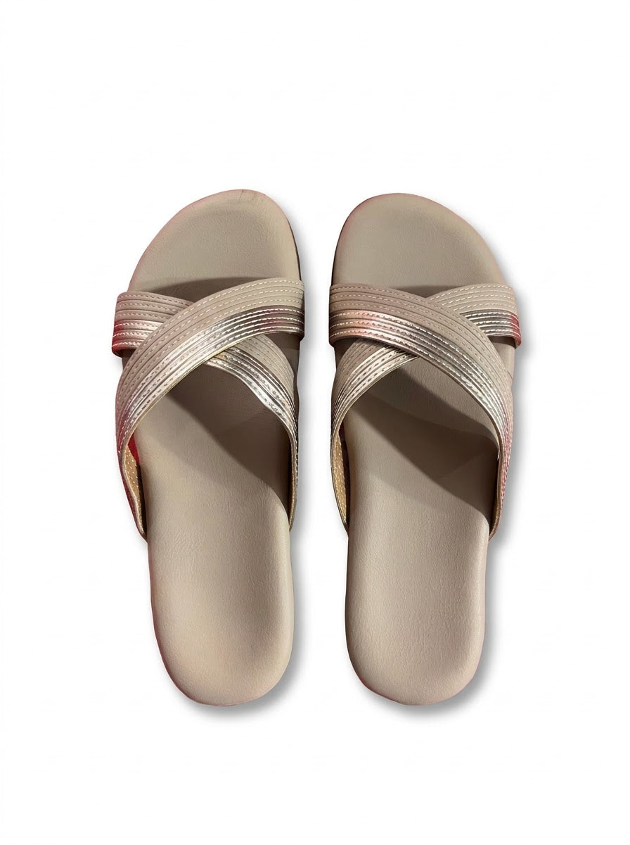 Beige Criss-Cross Slide Sandals