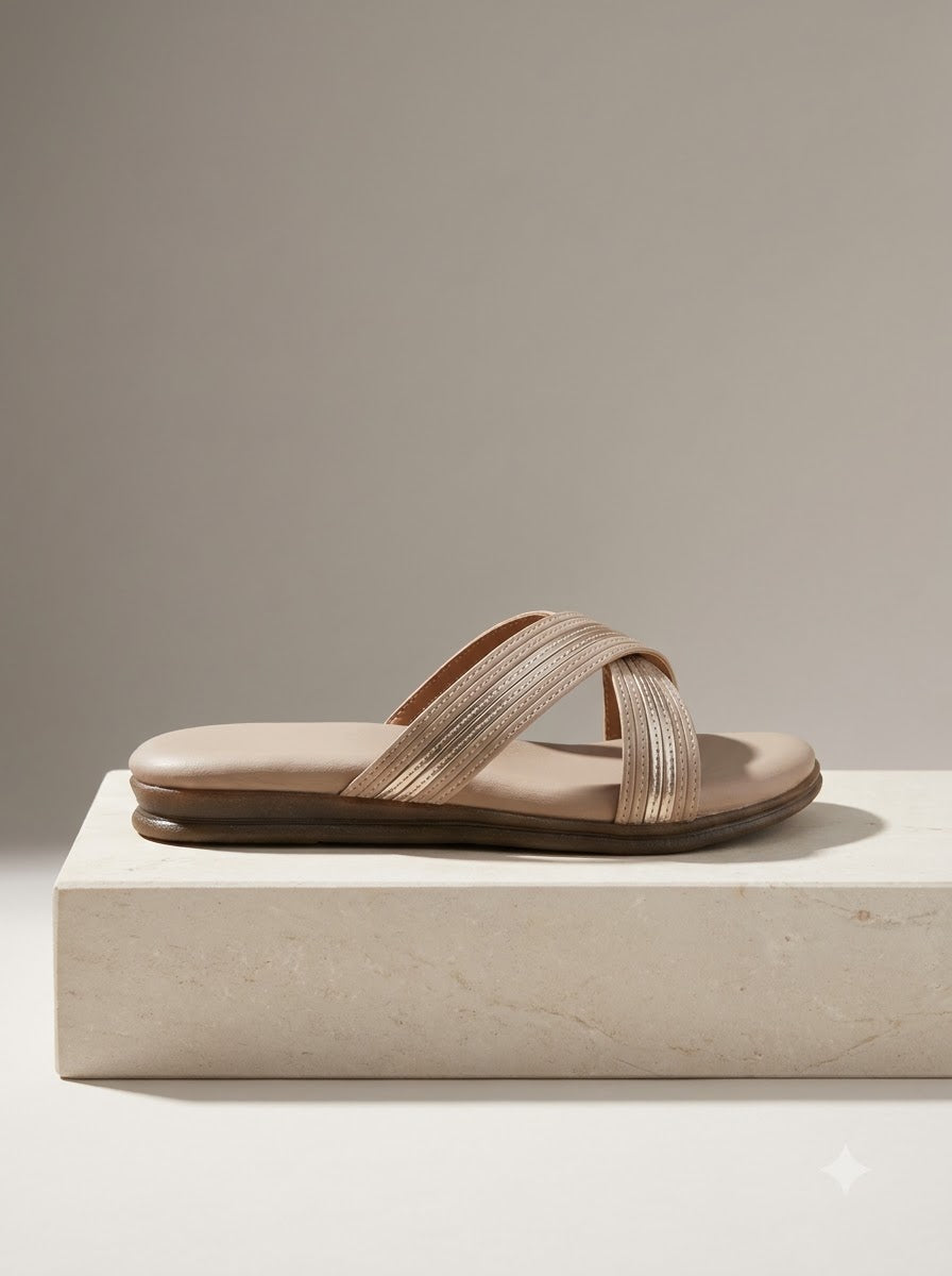 Beige Criss-Cross Slide Sandals