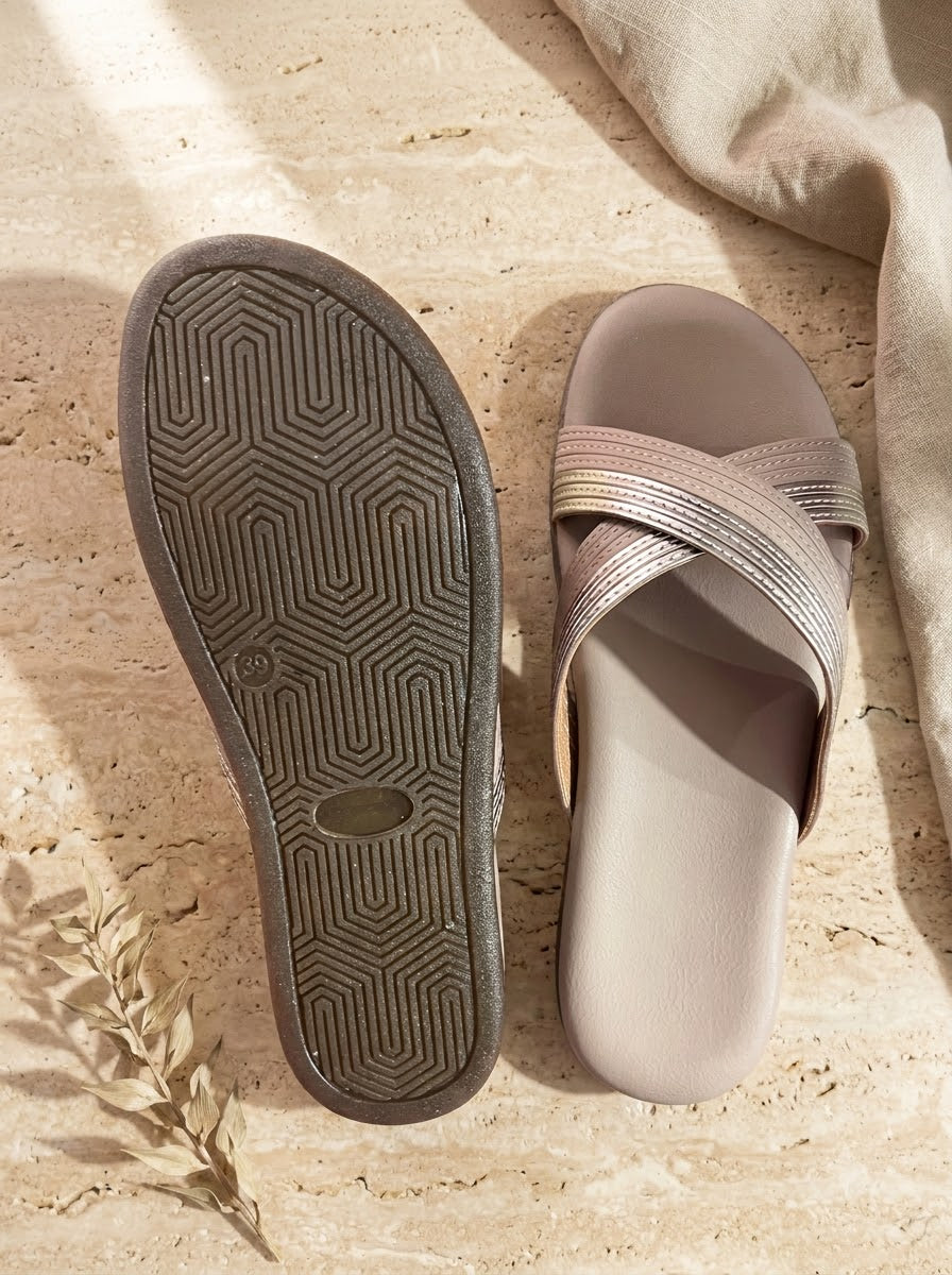 Beige Criss-Cross Slide Sandals