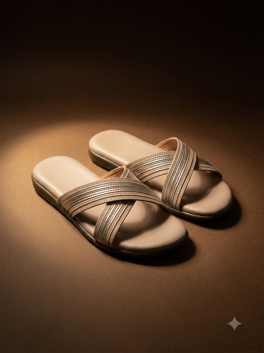 Beige Criss-Cross Slide Sandals