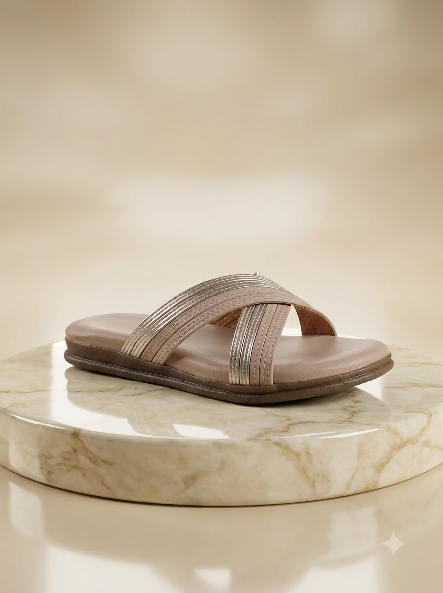 Beige Criss-Cross Slide Sandals