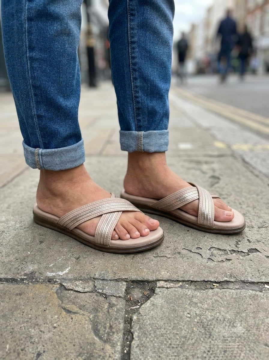 Beige Criss-Cross Slide Sandals