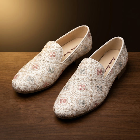 Men's Floral Embroidered Ethnic Loafer in White — Dinesh Family Footwear