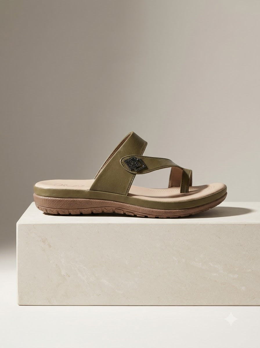 Olive Toe-Ring Comfort Slippers