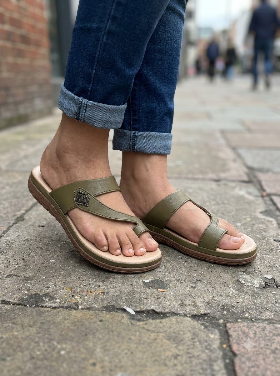 Olive Toe-Ring Comfort Slippers
