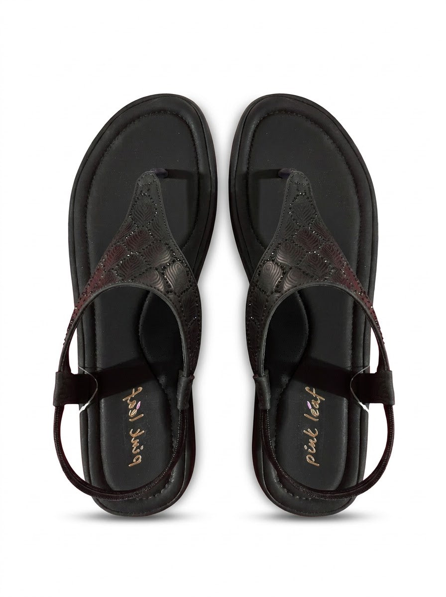 Black Quilted T-Strap Thong Sandals