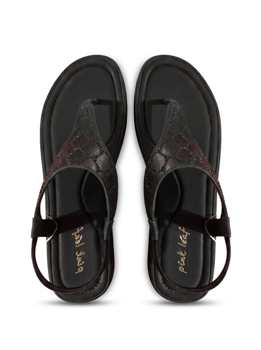 Black Quilted T-Strap Thong Sandals