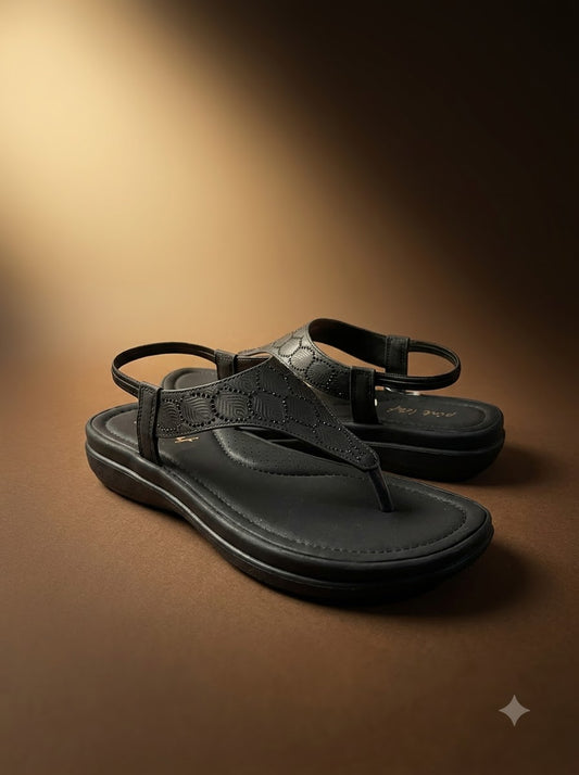 Black Quilted T-Strap Thong Sandals