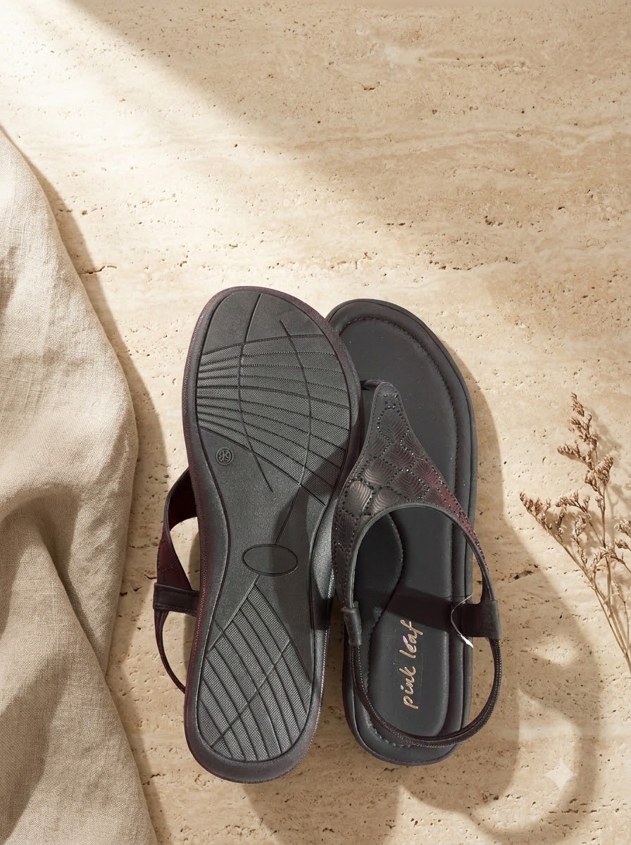 Black Quilted T-Strap Thong Sandals
