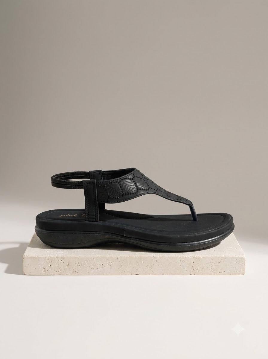 Black Quilted T-Strap Thong Sandals