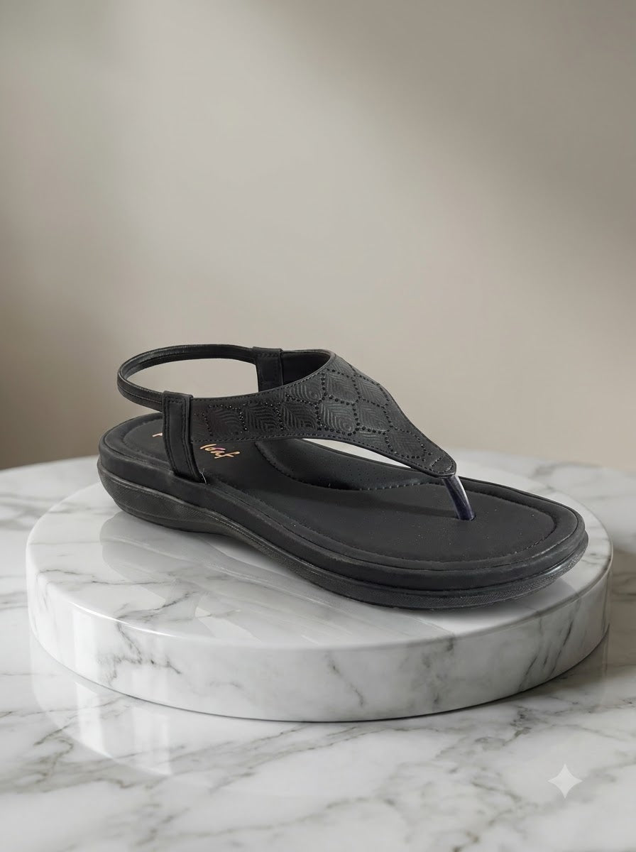 Black Quilted T-Strap Thong Sandals
