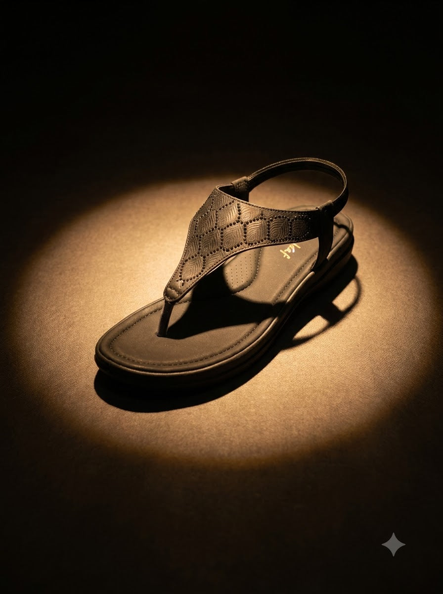 Black Quilted T-Strap Thong Sandals