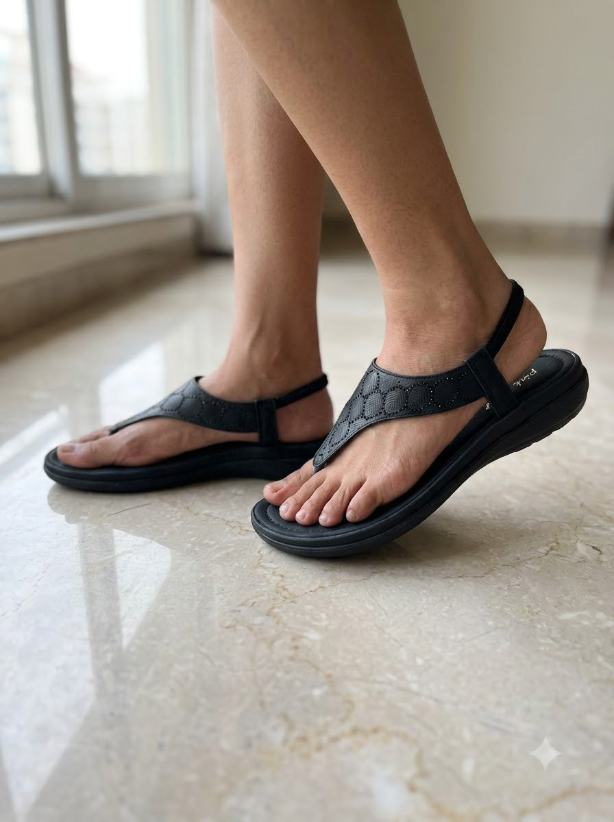 Black Quilted T-Strap Thong Sandals