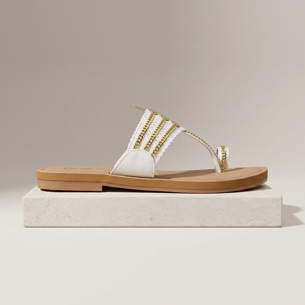 Women's Gold-Chain Flat Sandal - White