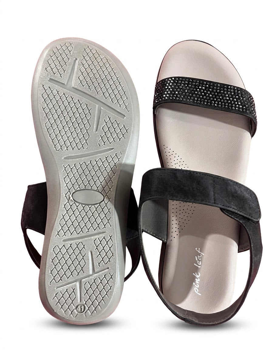 Black Rhinestone Two-Strap Sandals
