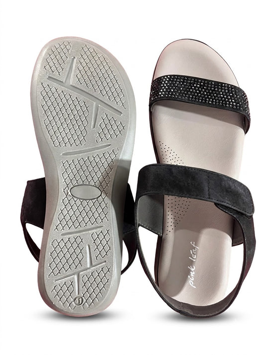 Black Rhinestone Two-Strap Sandals