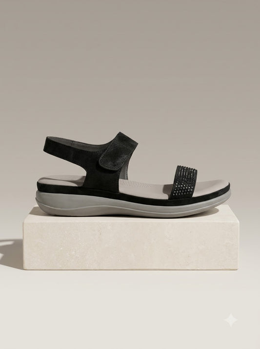 Black Rhinestone Two-Strap Sandals