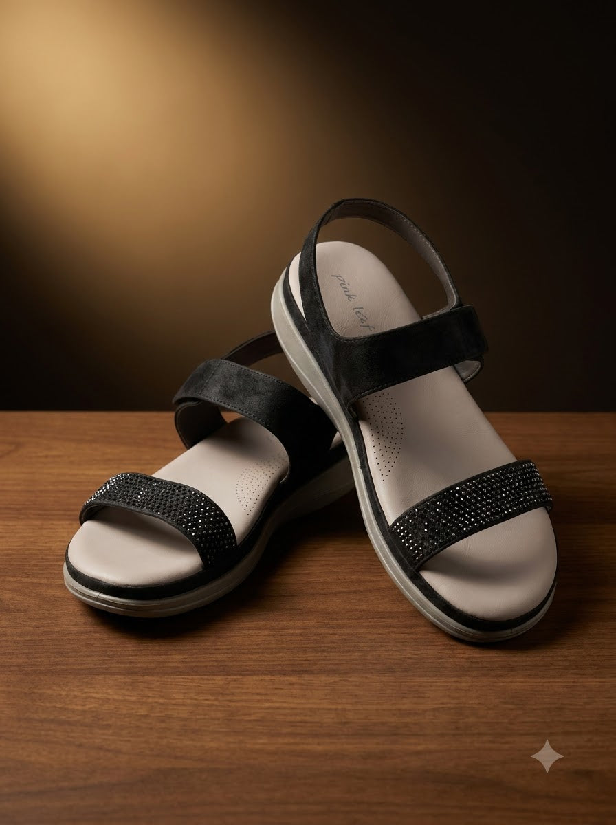 Black Rhinestone Two-Strap Sandals