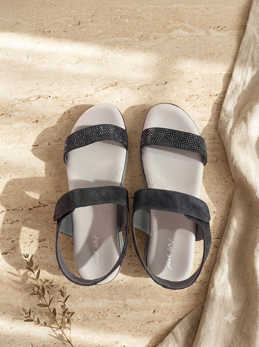 Black Rhinestone Two-Strap Sandals