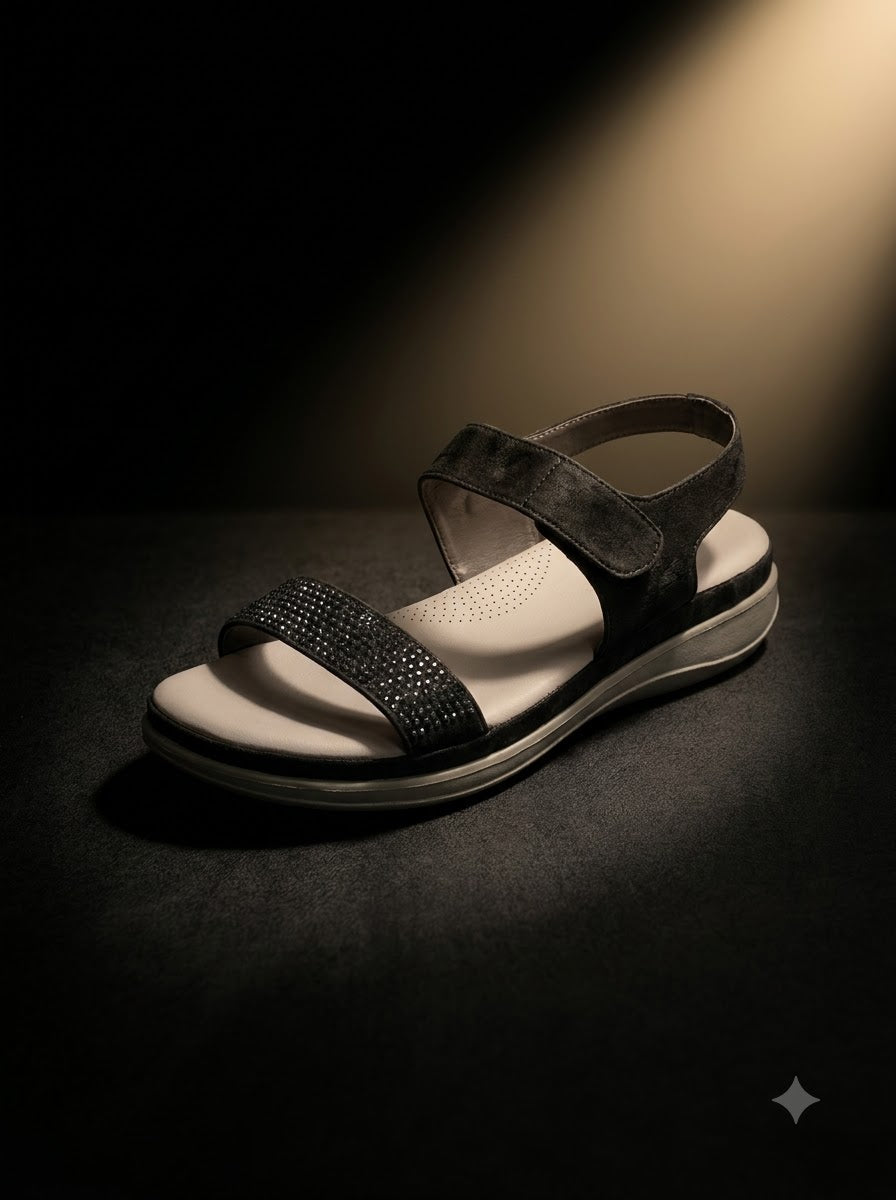 Black Rhinestone Two-Strap Sandals