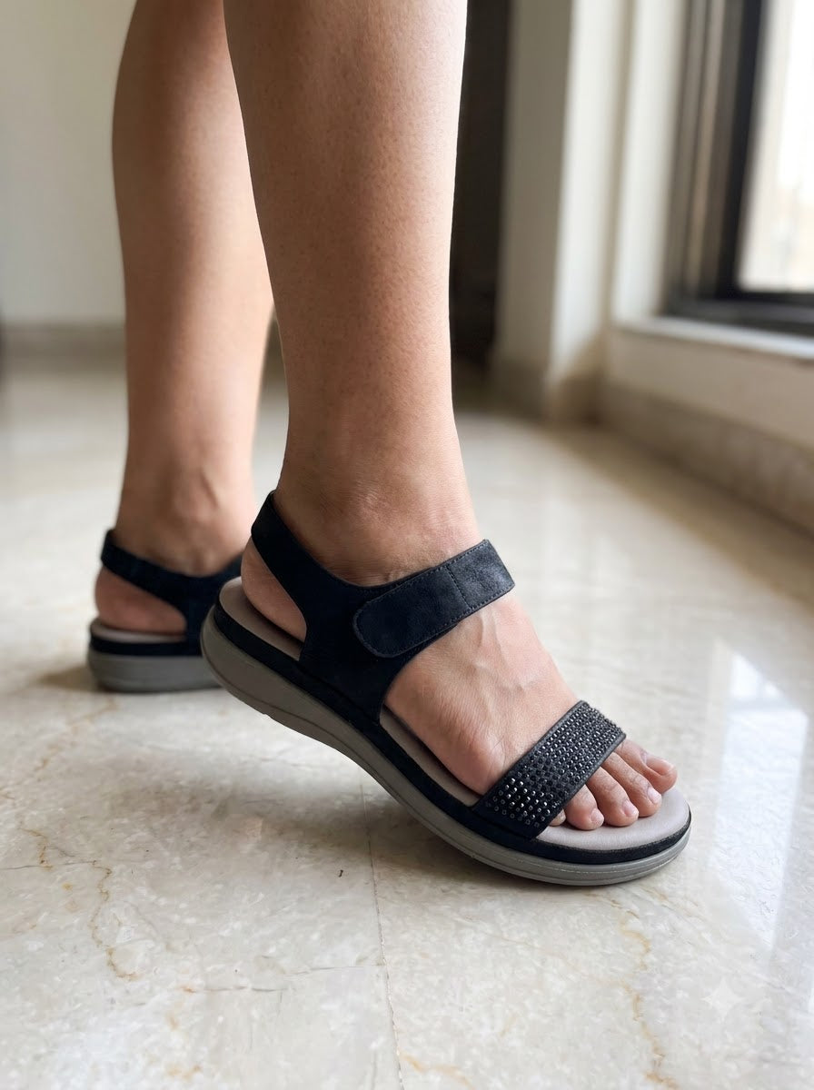 Black Rhinestone Two-Strap Sandals
