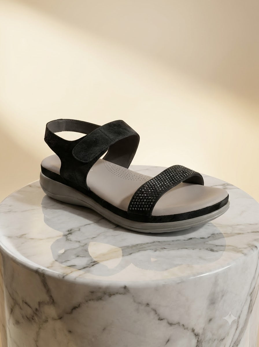 Black Rhinestone Two-Strap Sandals