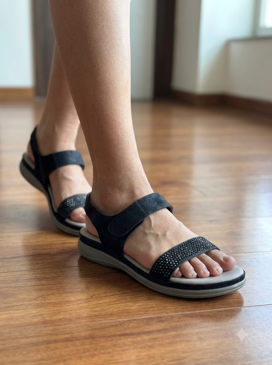 Black Rhinestone Two-Strap Sandals