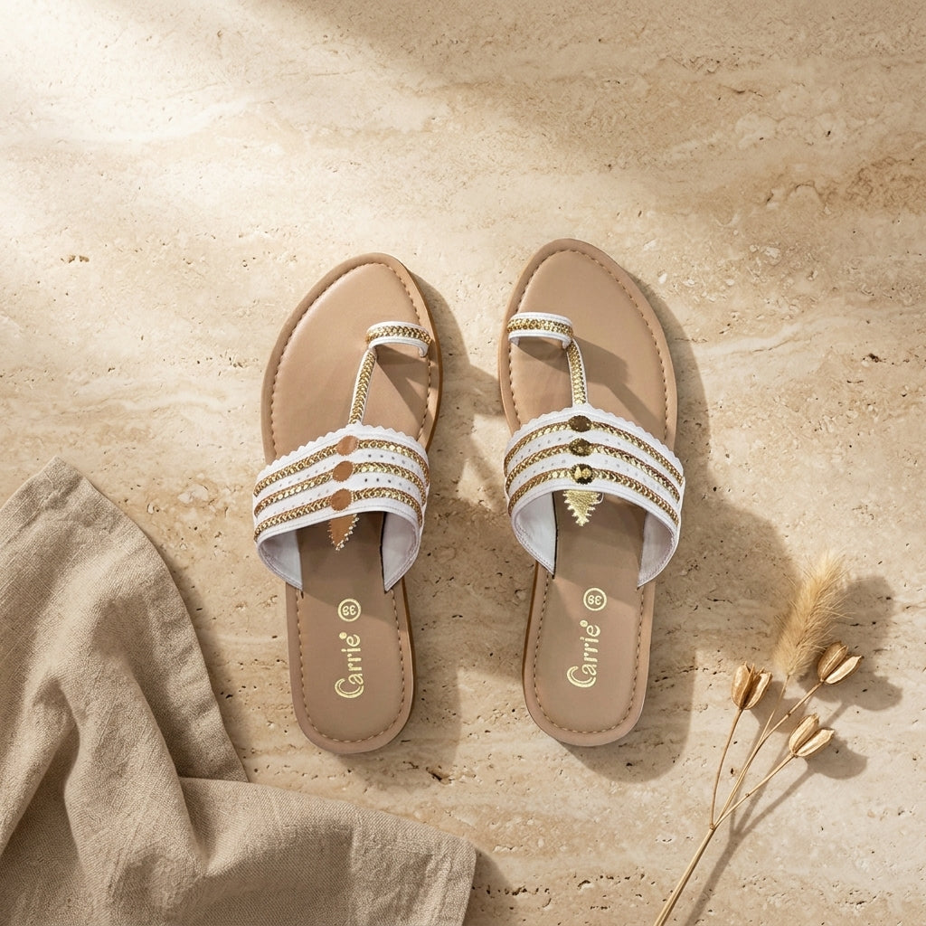 Women's Gold-Chain Flat Sandal - White