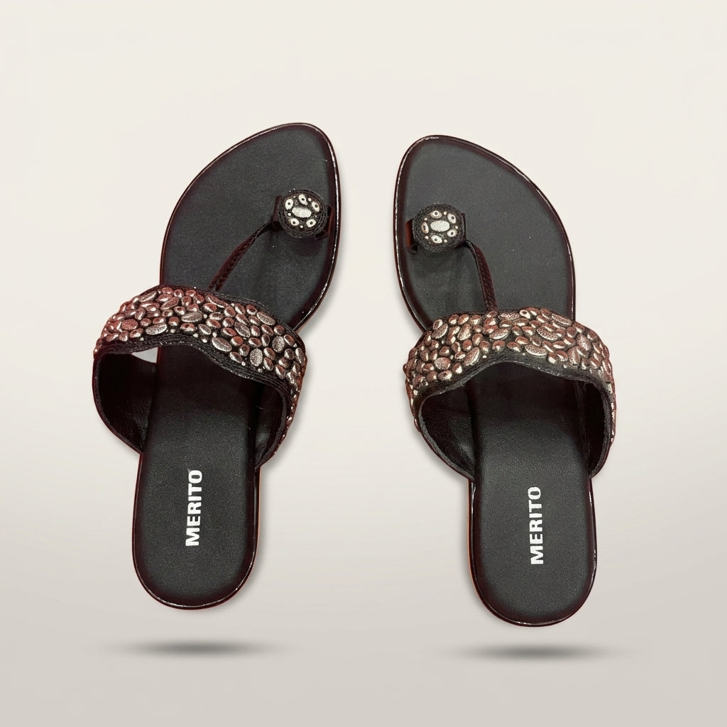 Women's Oxidized Embellished Sandal - Black
