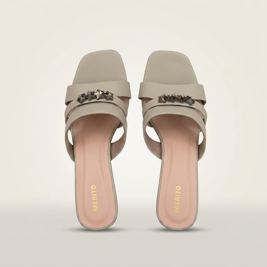 Women's Crystal-Strap Block-Heel Mule - Beige