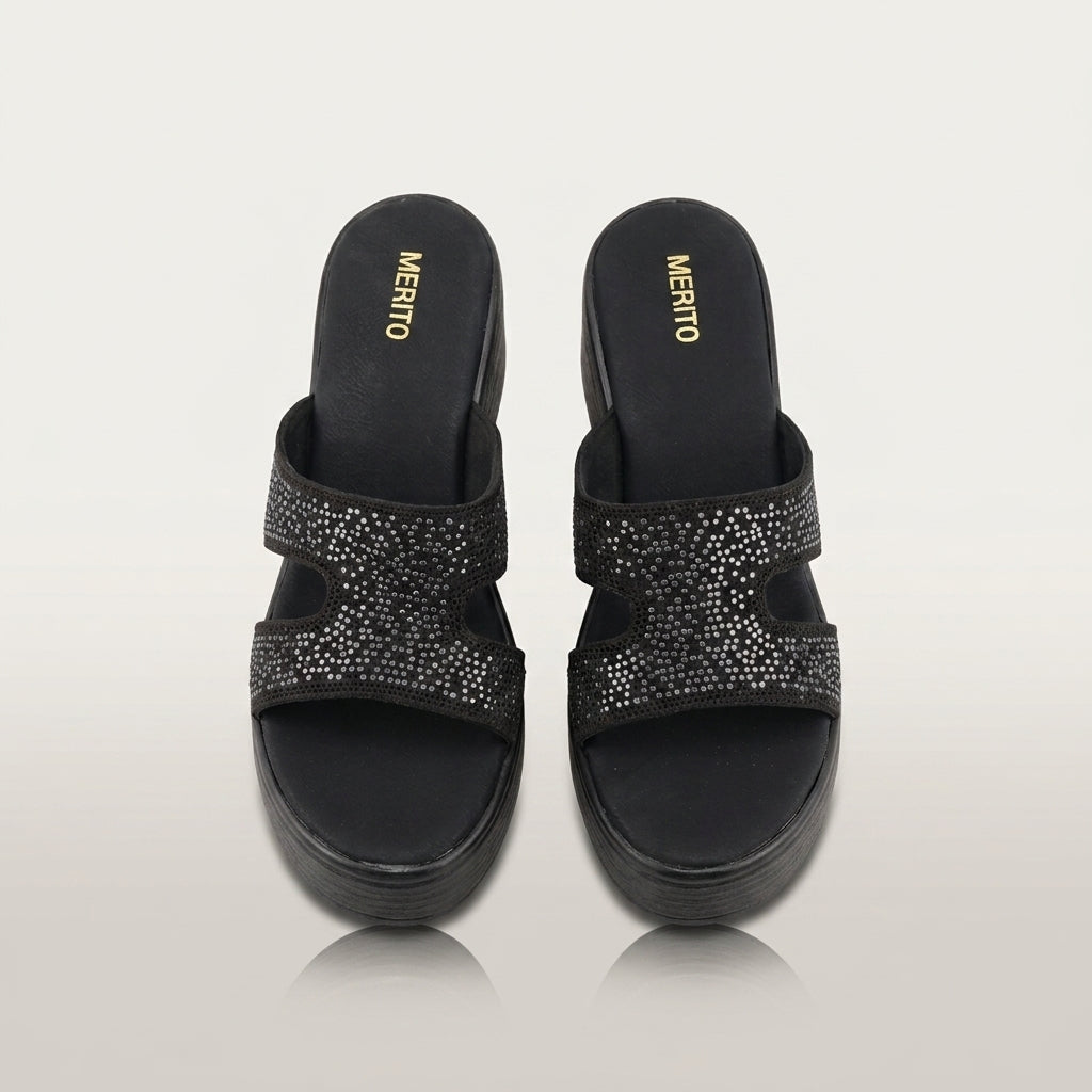 Women's Rhinestone Wedge Slide - Black