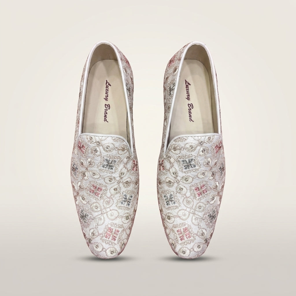 Men's Floral Embroidered Ethnic Loafer - White