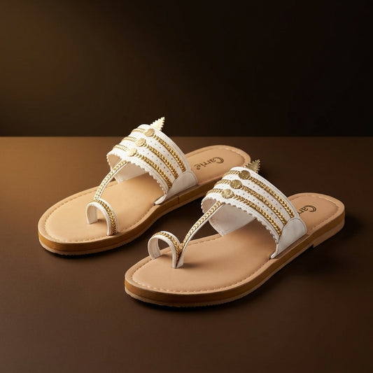 Women's Gold-Chain Flat Sandal in White — Dinesh Family Footwear