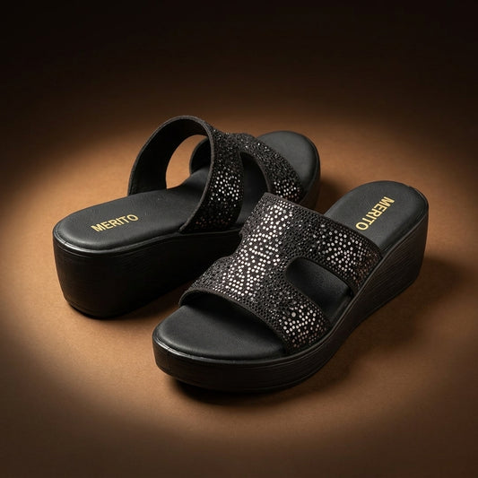 Women's Rhinestone Wedge Slide in Black — Dinesh Family Footwear