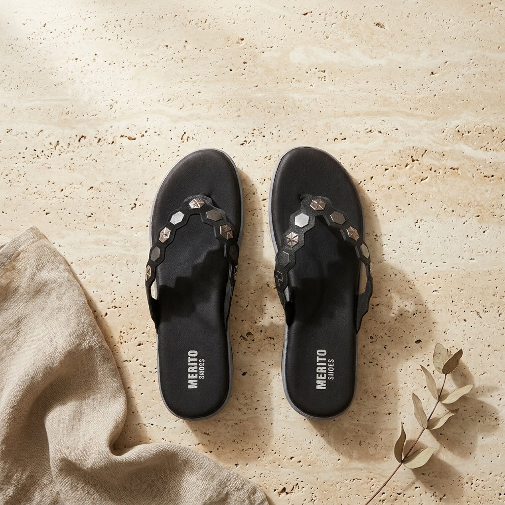 Women's Studded Toe-Post Sandal - Black