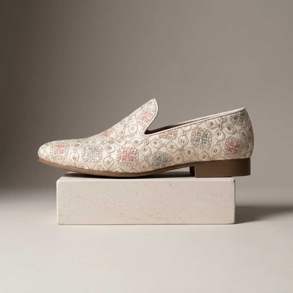 Men's Floral Embroidered Ethnic Loafer - White