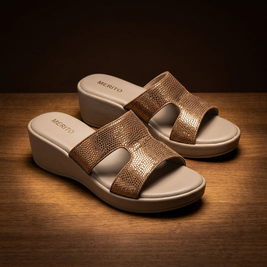 Women's Metallic Double-Strap Wedge in Gold — Dinesh Family Footwear
