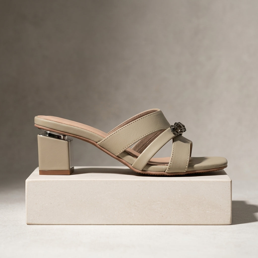 Women's Crystal-Strap Block-Heel Mule - Beige