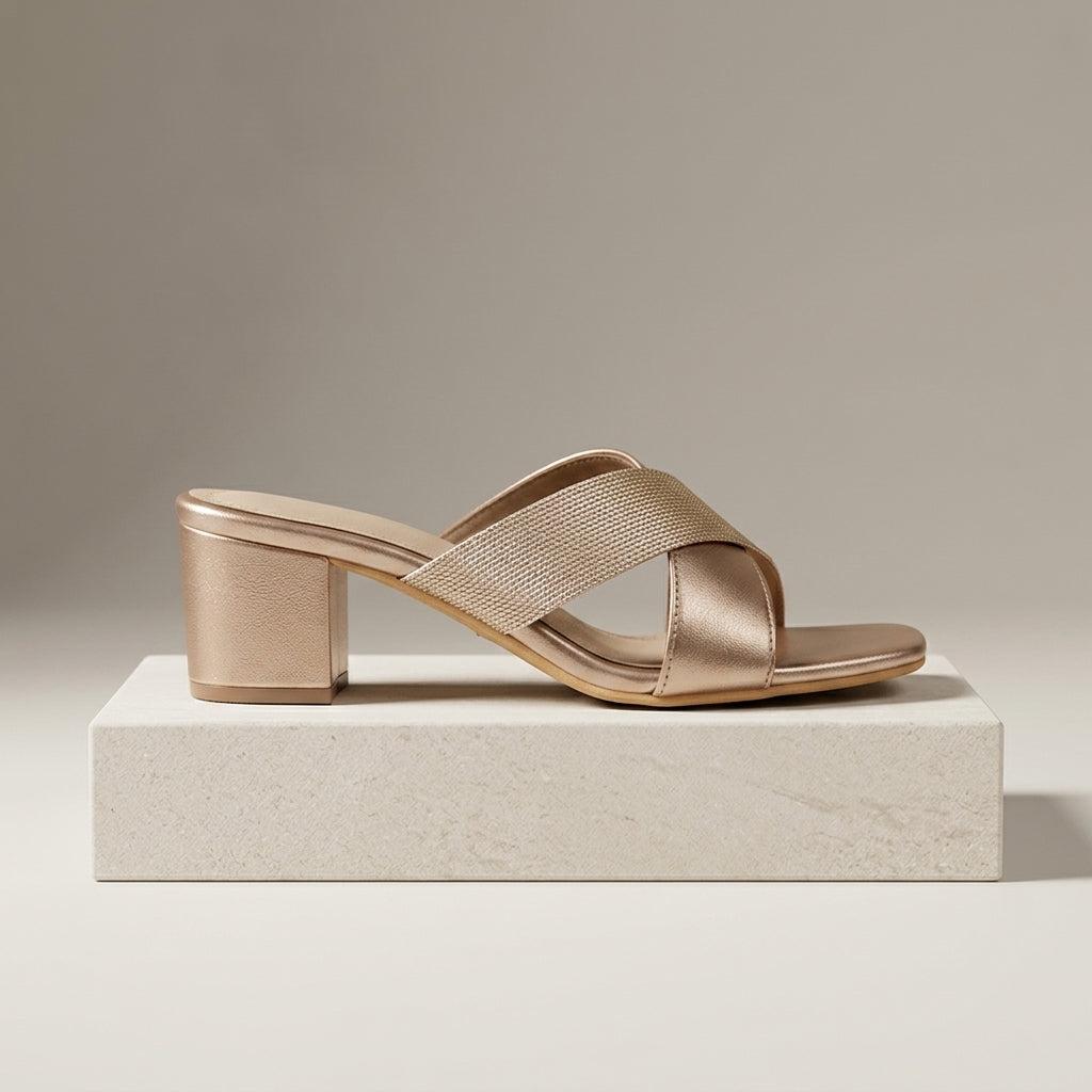 Women's Cross-Strap Block Heel - Rose Gold