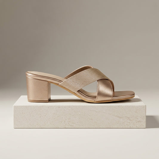 Women's Cross-Strap Block Heel in Rose Gold — Dinesh Family Footwear (view 2)