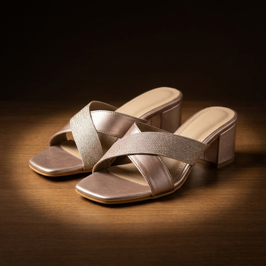 Women's Cross-Strap Block Heel in Rose Gold — Dinesh Family Footwear