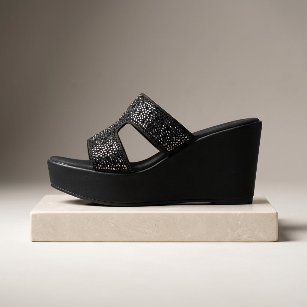 Women's Rhinestone Wedge Slide - Black