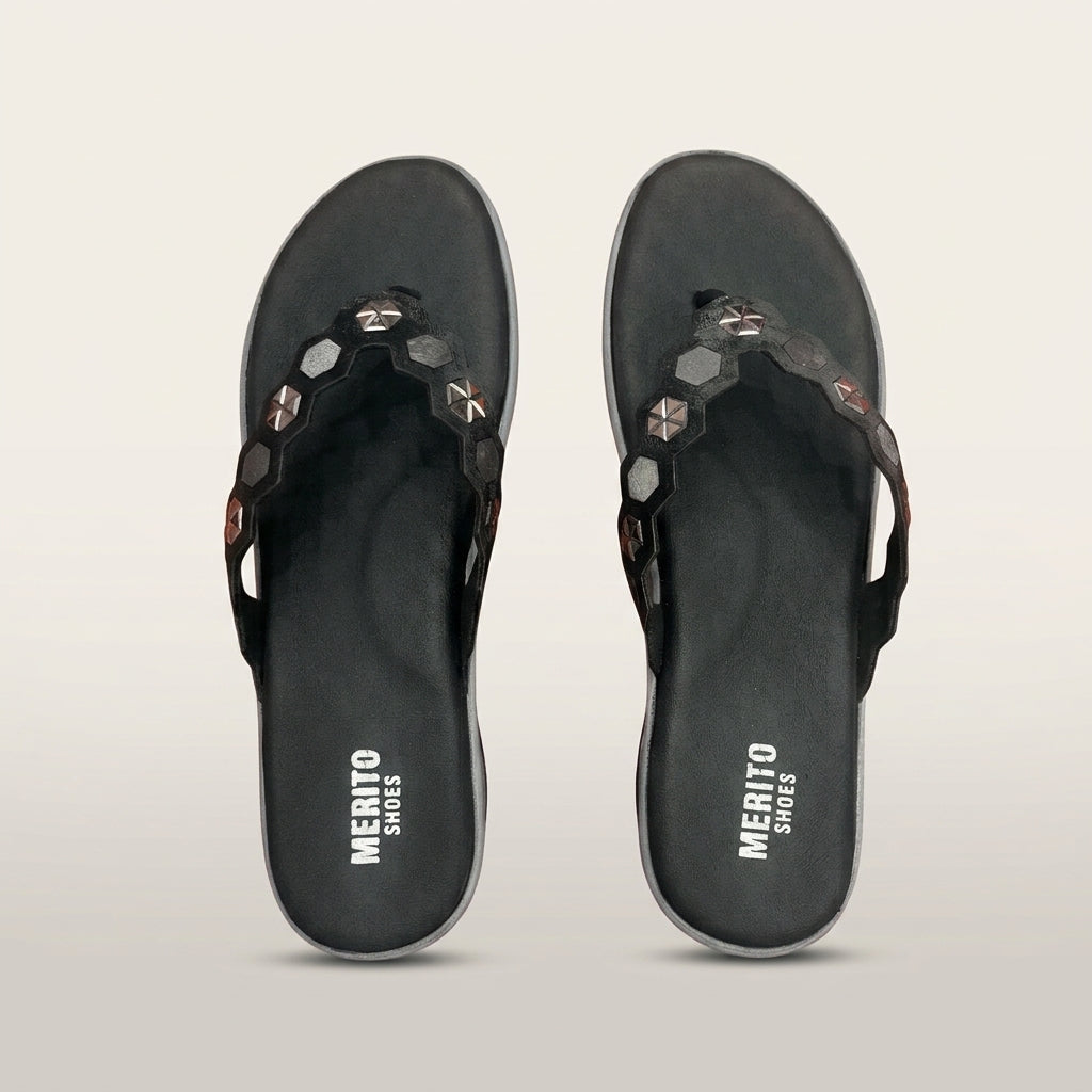 Women's Studded Toe-Post Sandal - Black