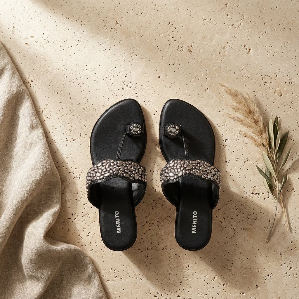 Women's Oxidized Embellished Sandal - Black