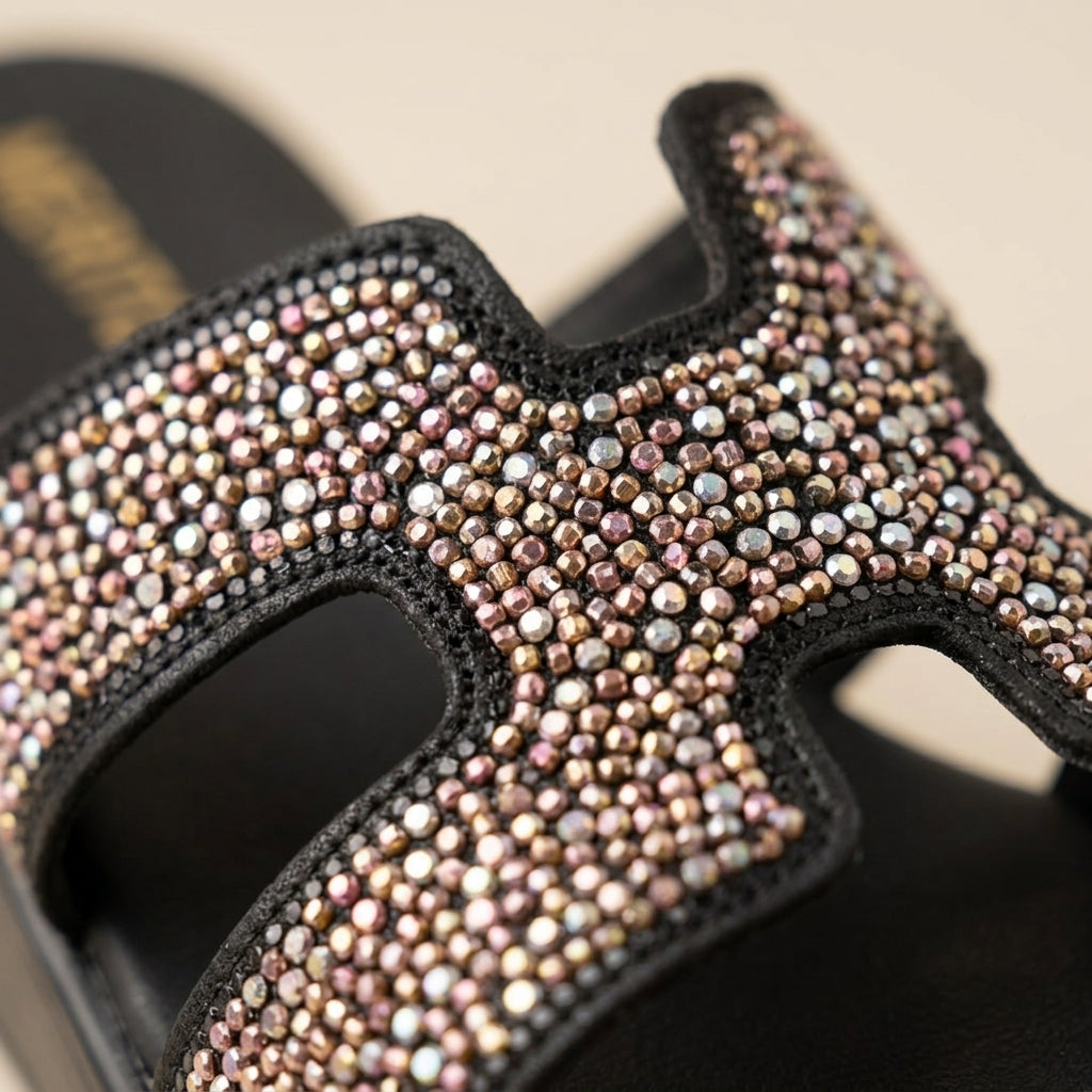 Women's Rhinestone Wedge Slide - Black