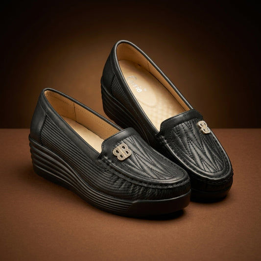 Women's Quilted Wedge Loafer in Black — Dinesh Family Footwear
